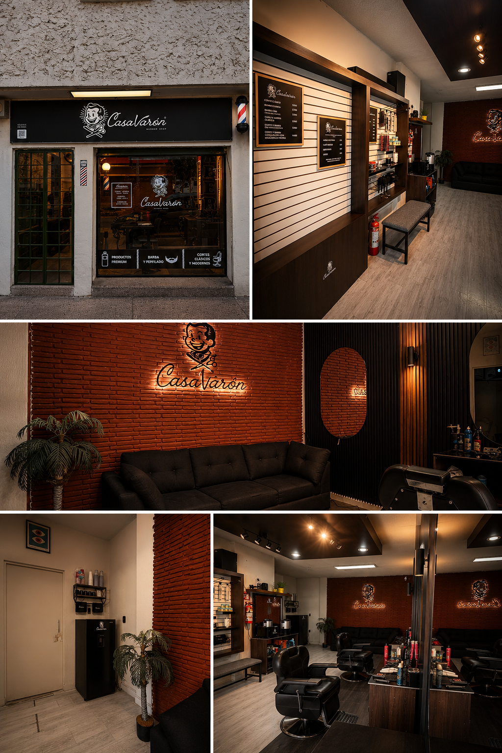 Collage de fotos de Casa Varón: fachada, pasillo con repisa de productos, pared de ladrillo con sofá y rincón de bebidas.